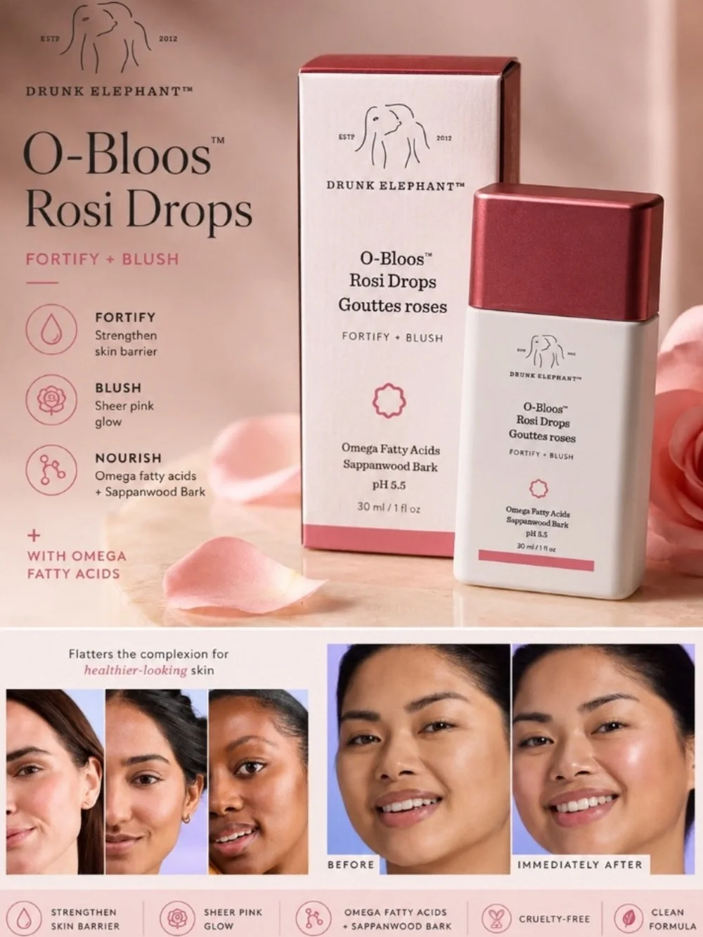 Drunk Elephant O-Bloos Rosy Drops Liquid Blush NEW! FULL SIZE!